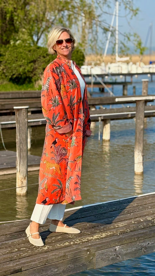 Velvet Kimono Mantel "Wild Jungle" orange