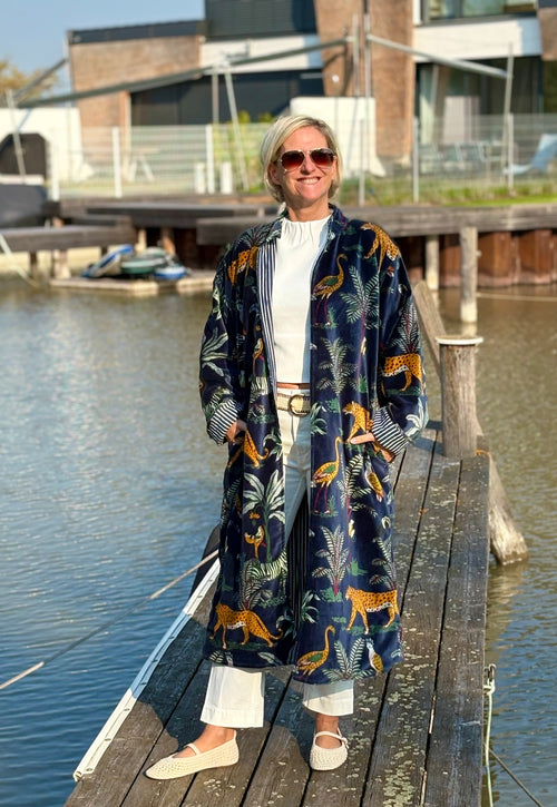 Velvet Kimono Mantel "Wild Jungle" navy"