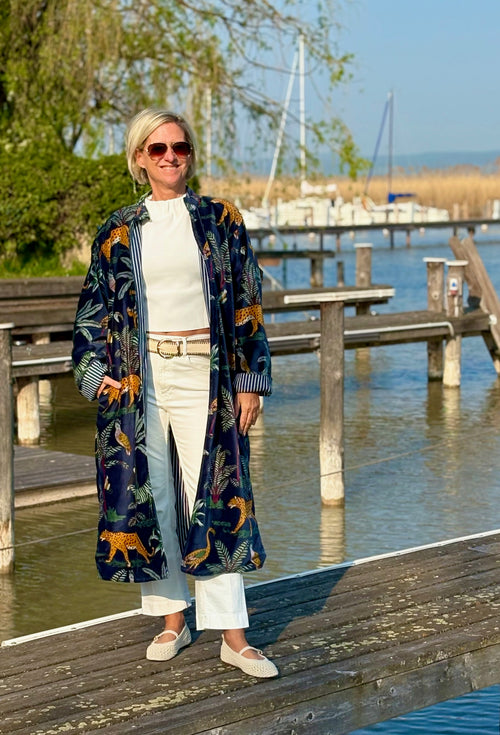 Velvet Kimono Mantel "Wild Jungle" navy"