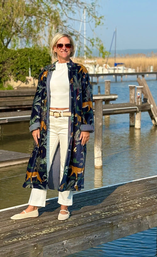 Velvet Kimono Mantel "Wild Jungle" navy"