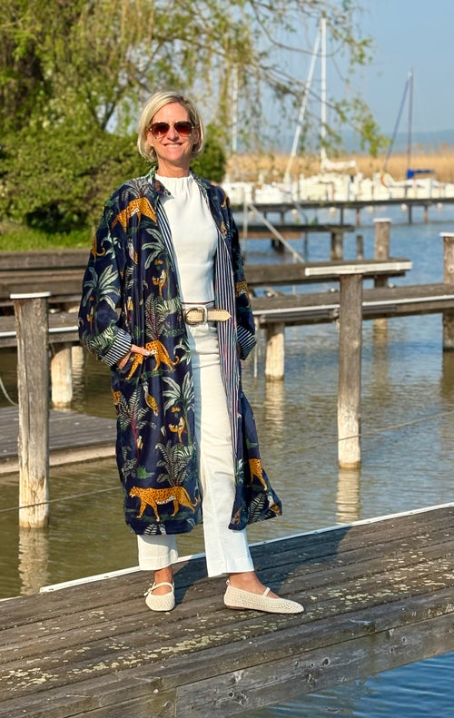Velvet Kimono Mantel "Wild Jungle" navy"
