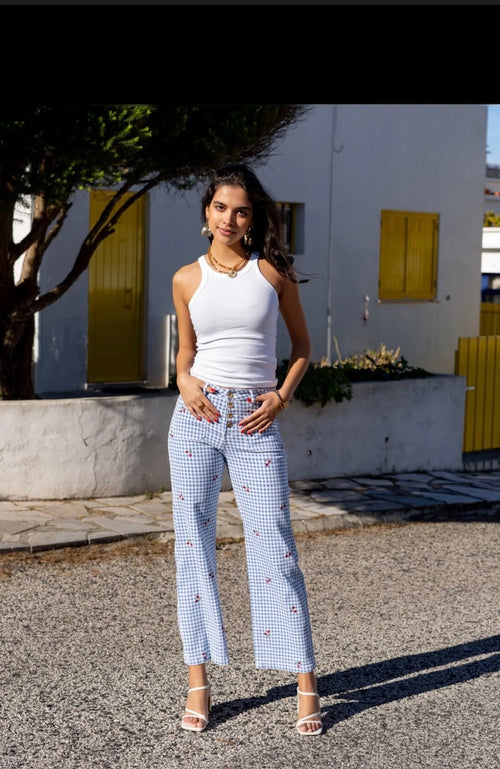 Bestickte Jeans "Vichy Karo and Cherries"