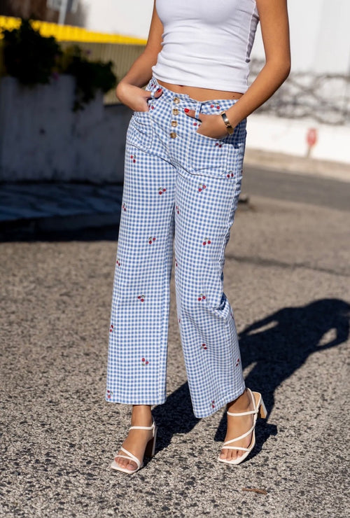 Bestickte Jeans "Vichy Karo and Cherries"