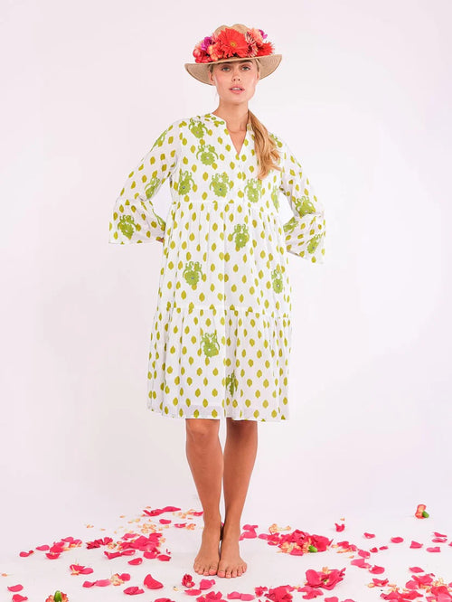 Borage Dress Dots Gujarat Birds Embroidery lime