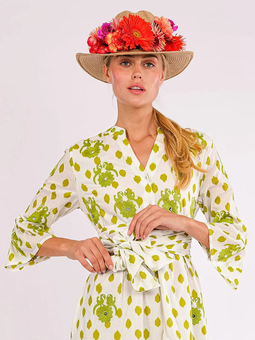 Borage Dress Dots Gujarat Birds Embroidery lime