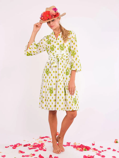 Borage Dress Dots Gujarat Birds Embroidery lime