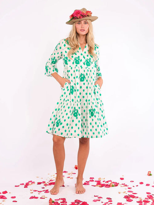 Borage Dress Dots Gujarat Birds Embroidery emerald