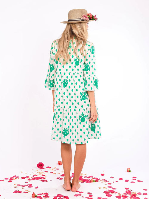 Borage Dress Dots Gujarat Birds Embroidery emerald