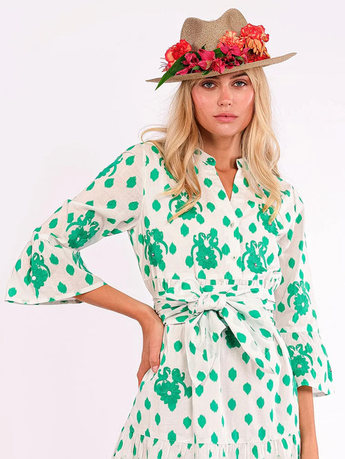 Borage Dress Dots Gujarat Birds Embroidery emerald