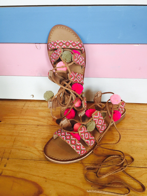 Sandalen Leder Pom Pom Pink
