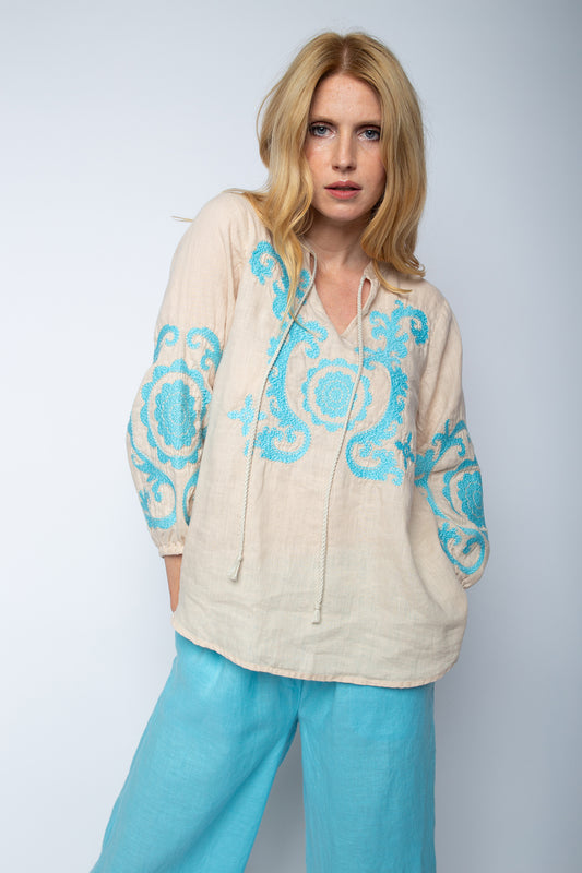 Tunika "Ornament Love" Leinen sand/aqua