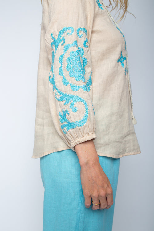 Tunika "Ornament Love" Leinen sand/aqua