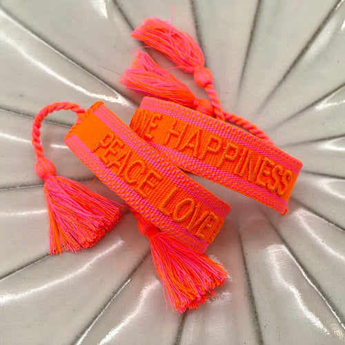 Webarmband "Peace Love Happiness" neon orange/neon pink