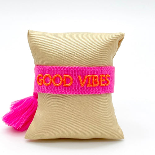 Webarmband "Good Vibes" neon pink/neon coral