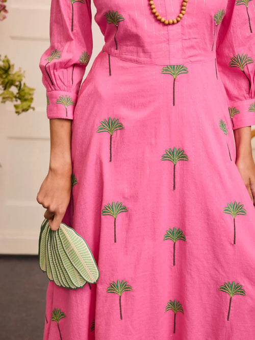 Azurite Dress Pink Lurex Palm Embroidery