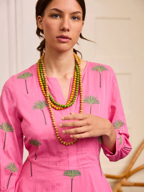 Azurite Dress Pink Lurex Palm Embroidery