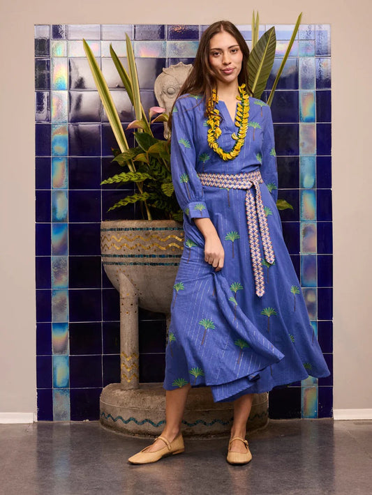 Azurite Dress Blue Lurex Palm Embroidery