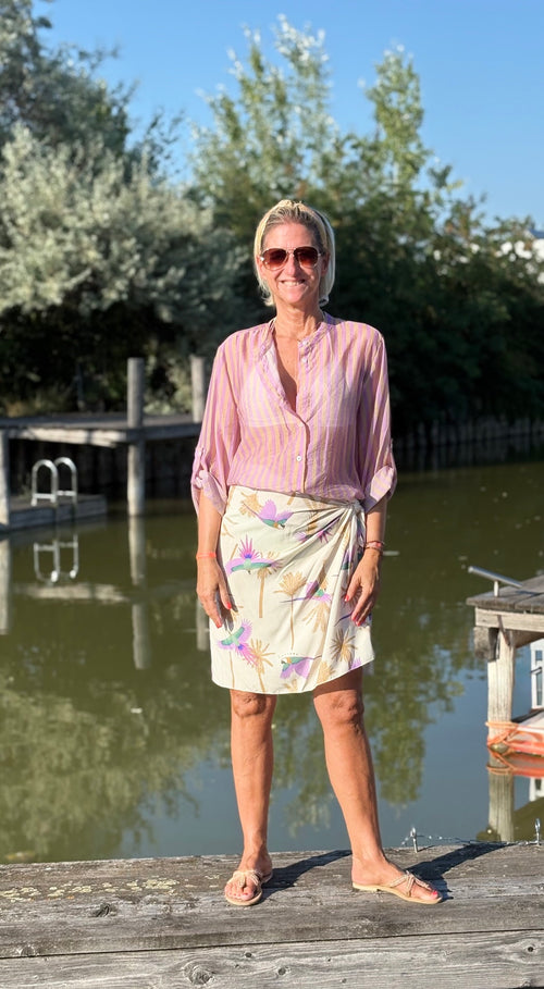 Have One Set Pareo short "Birds on Palms" mit Blouse Stripes beige/flieder