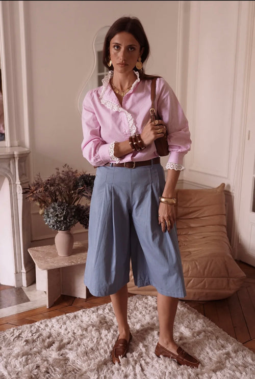 Bluse "Stripes" mit Rüsche in rosa/weiß