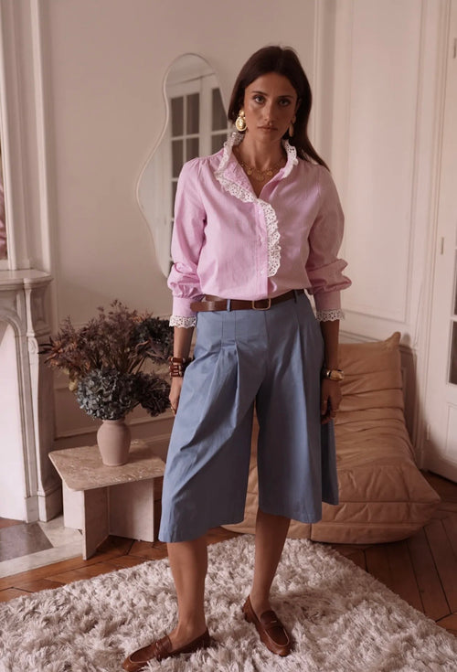 Bluse "Stripes" mit Rüsche in rosa/weiß