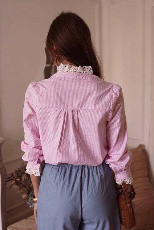Bluse "Stripes" mit Rüsche in rosa/weiß