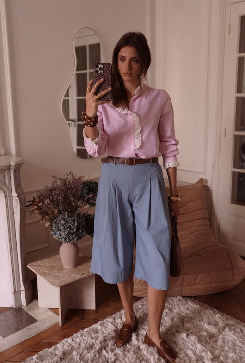 Bluse "Stripes" mit Rüsche in rosa/weiß