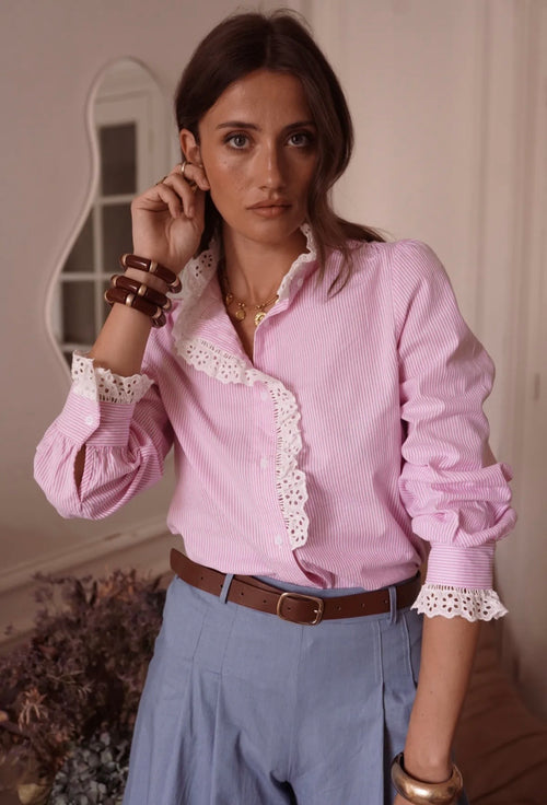 Bluse "Stripes" mit Rüsche in rosa/weiß
