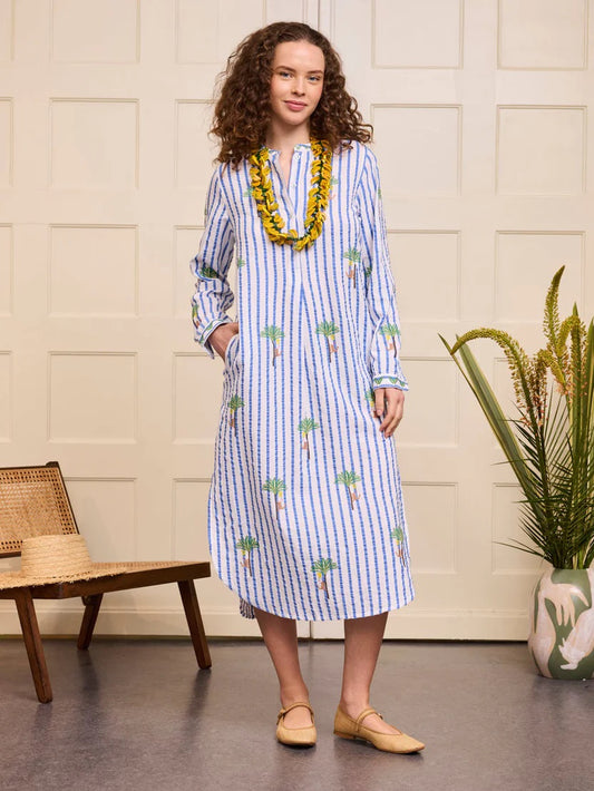 Kaftan Cedar white/blue Stripes Palm Embroidery