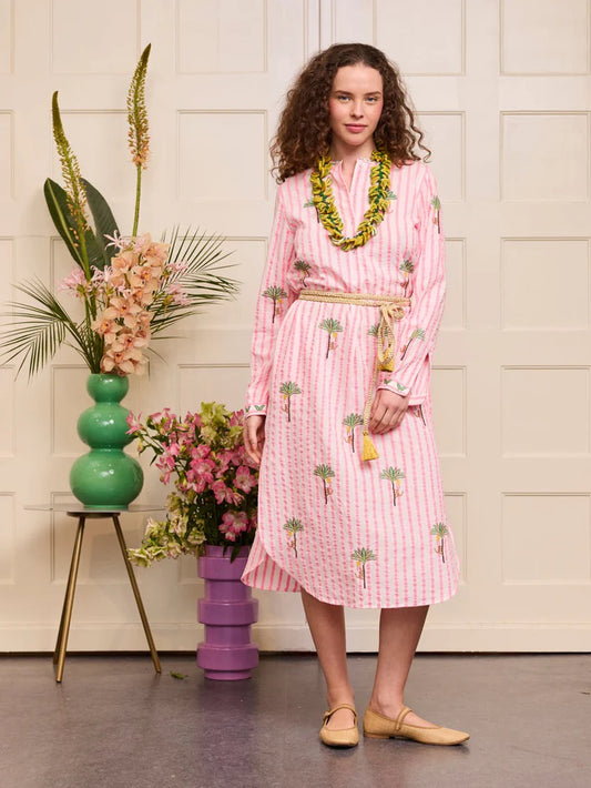 Kaftan Cedar white/pink Stripes Palm Embroidery
