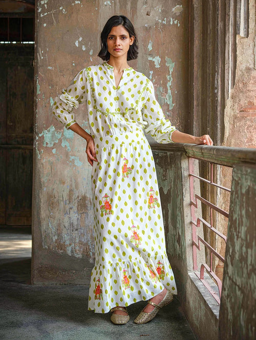 Goldenseal Skirt Dots Lime, Elefantenstickerei