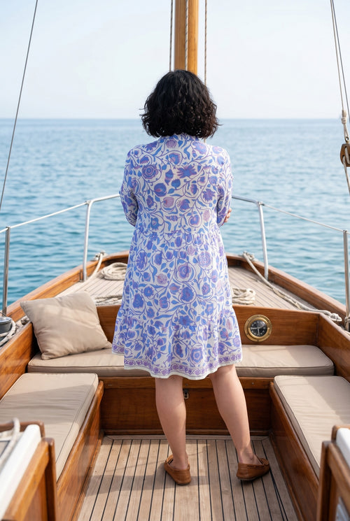 Seiden/Cotton Dress short "Ally" Flower blau