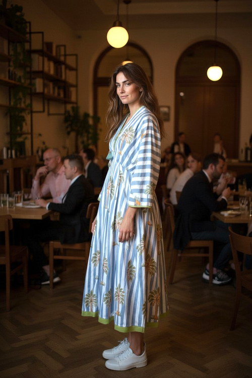 Midi Dress "Cruise Pom Pom" Grey Stripes Palm