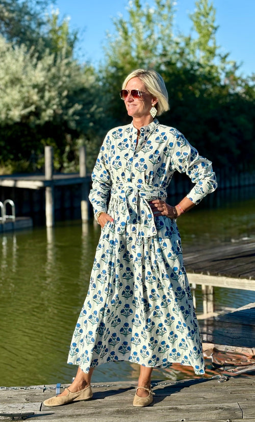 Long Dress "Niki" Indian Flower white/blue