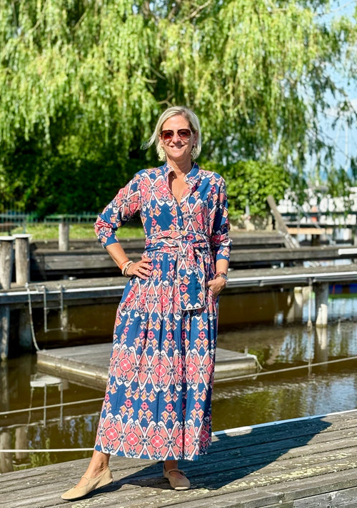 Long Dress "Niki" Ikat blue/salmon