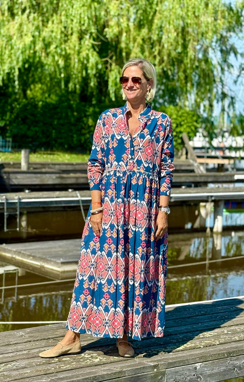 Long Dress "Niki" Ikat blue/salmon
