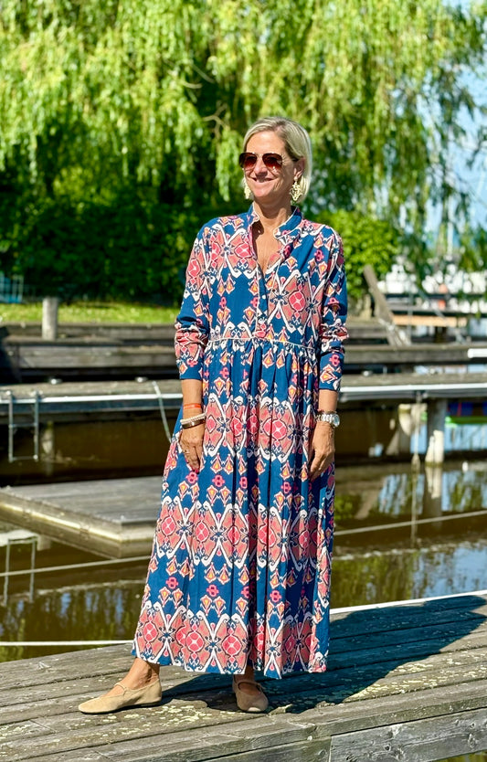 Long Dress "Niki" Ikat blue/salmon
