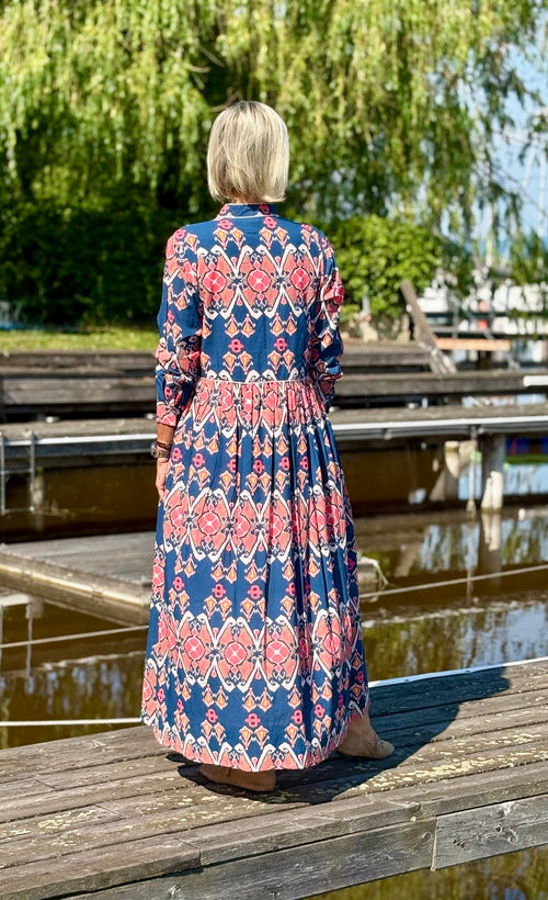 Long Dress "Niki" Ikat blue/salmon