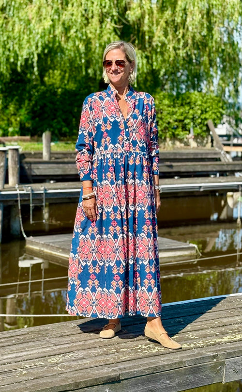 Long Dress "Niki" Ikat blue/salmon