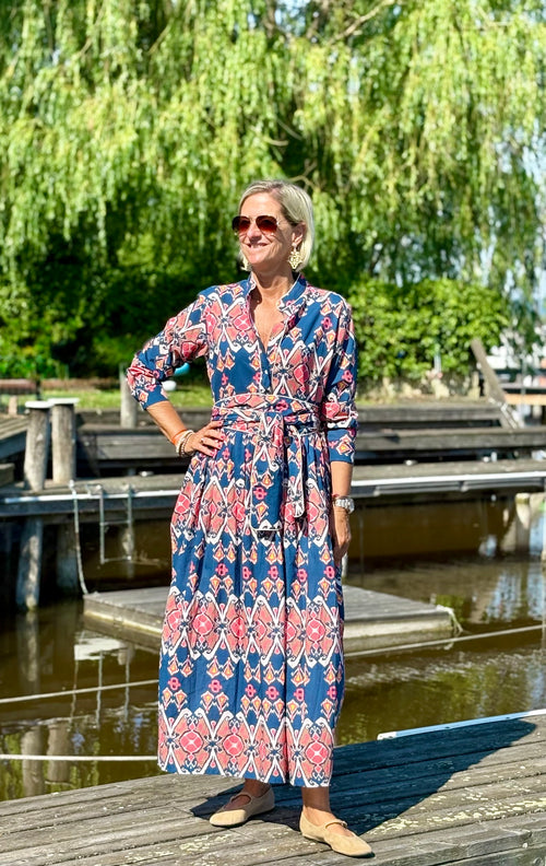 Long Dress "Niki" Ikat blue/salmon