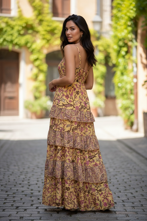 Seiden Maxidress Sicily gelb/pink