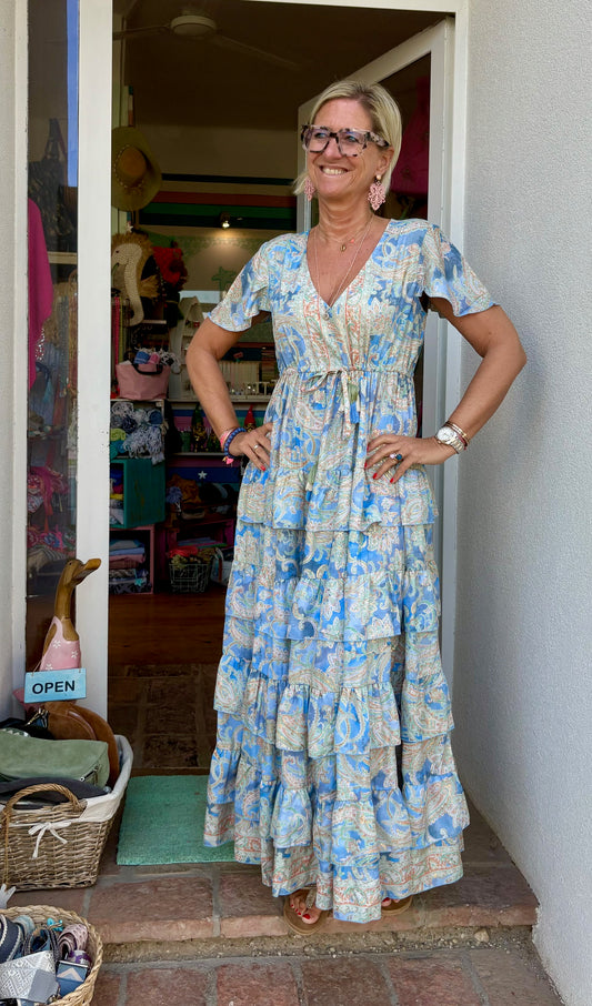 Seidendress lang "Volants" Blue Paisley