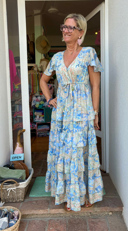 Seidendress lang "Volants" Blue Paisley