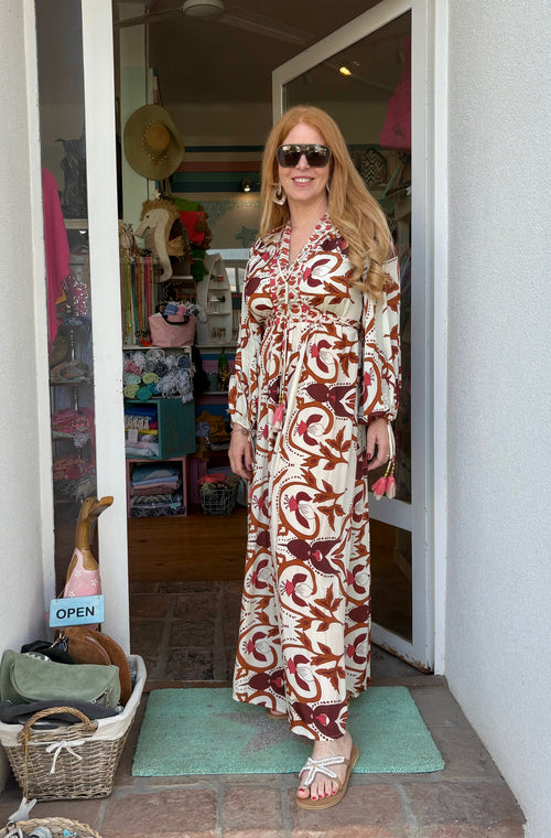 Seidendress Margot long Print beige/brown