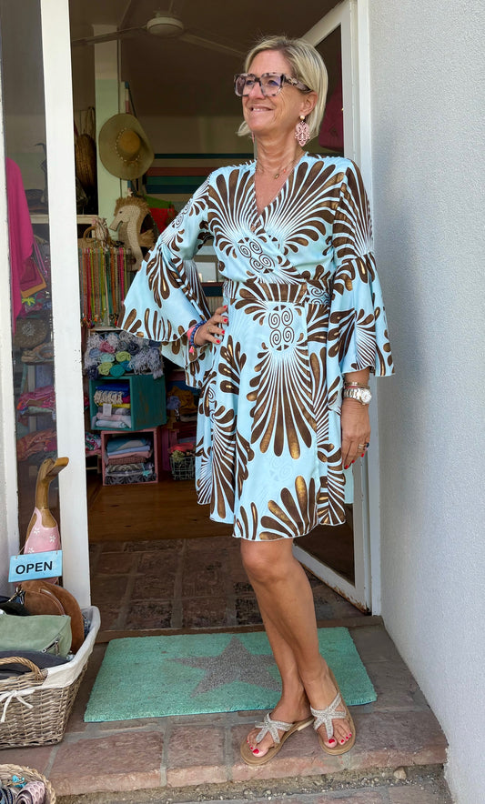 Seiden Dress Oporto Print Leaves Light blue