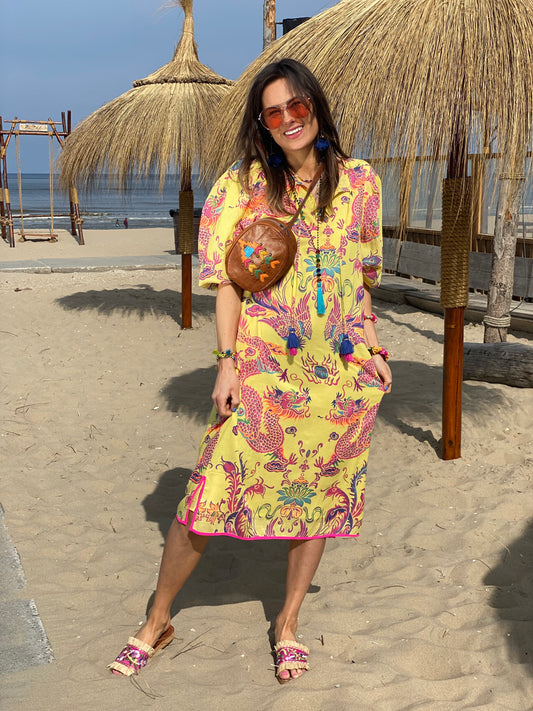 Midi Kleid Oriental Dragon yellow