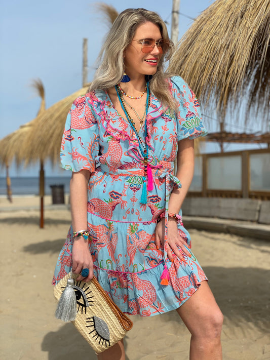 Wrap Dress Oriental Dragon blue