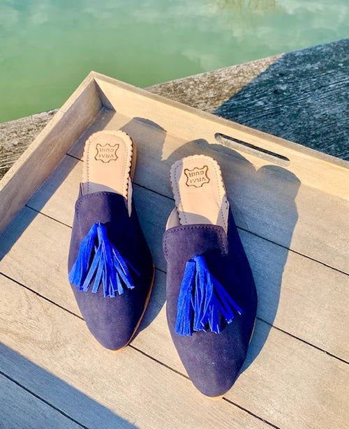 Leder Mules mit Quaste navy/blau