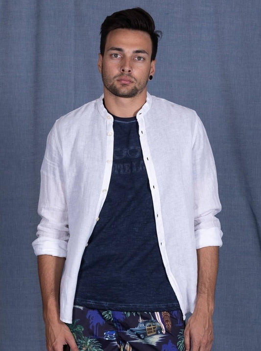 Whoopie Loopie Leinenhemd ohne Kragen weiß