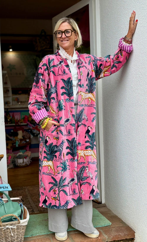 Velvet Kimono Mantel "Wild Jungle" rosa