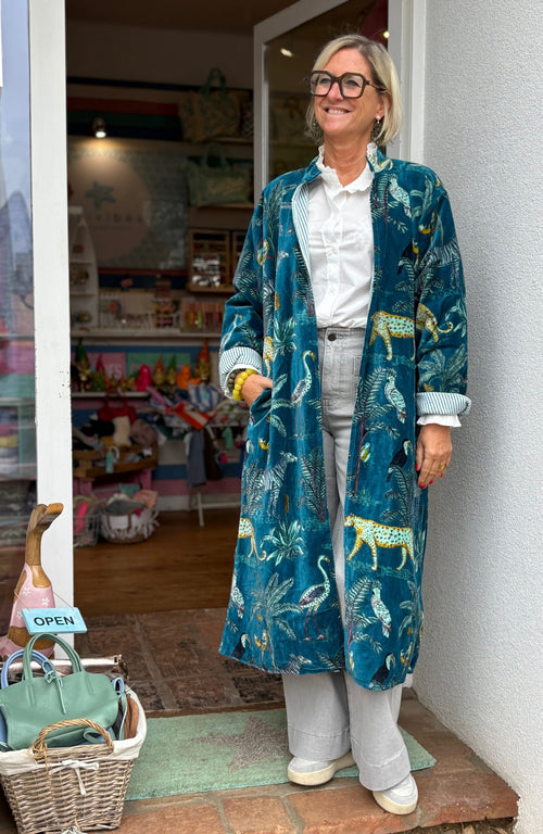Velvet Kimono Mantel "Wild Jungle" petrol